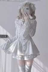 White Long Trumpet Sleeves Bowknot Lace-Up Gothic Jirai Kei Dress Shorts Set - White - 1