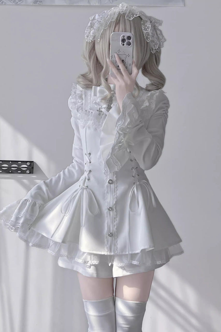 White Long Trumpet Sleeves Bowknot Lace-Up Gothic Jirai Kei Dress Shorts Set - White - 1