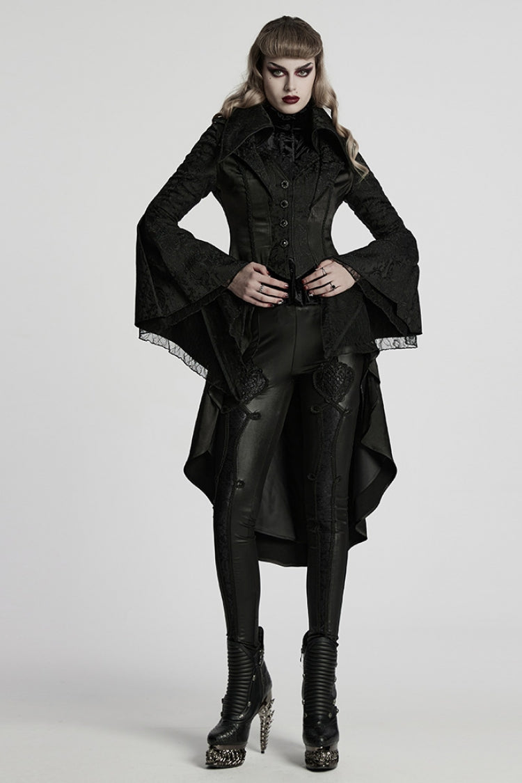 Black Lapel Collar Long Trumpet Sleeves Jacquard Women's Gothic Jacket - Product - 4