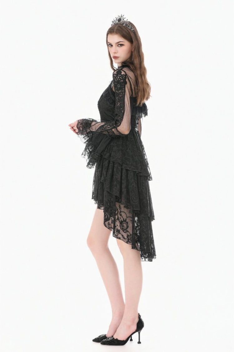 Black Lace Ruffled High Collar Long Flare Sleeves Sheer Mesh Women's Gothic Cape - Product - 9