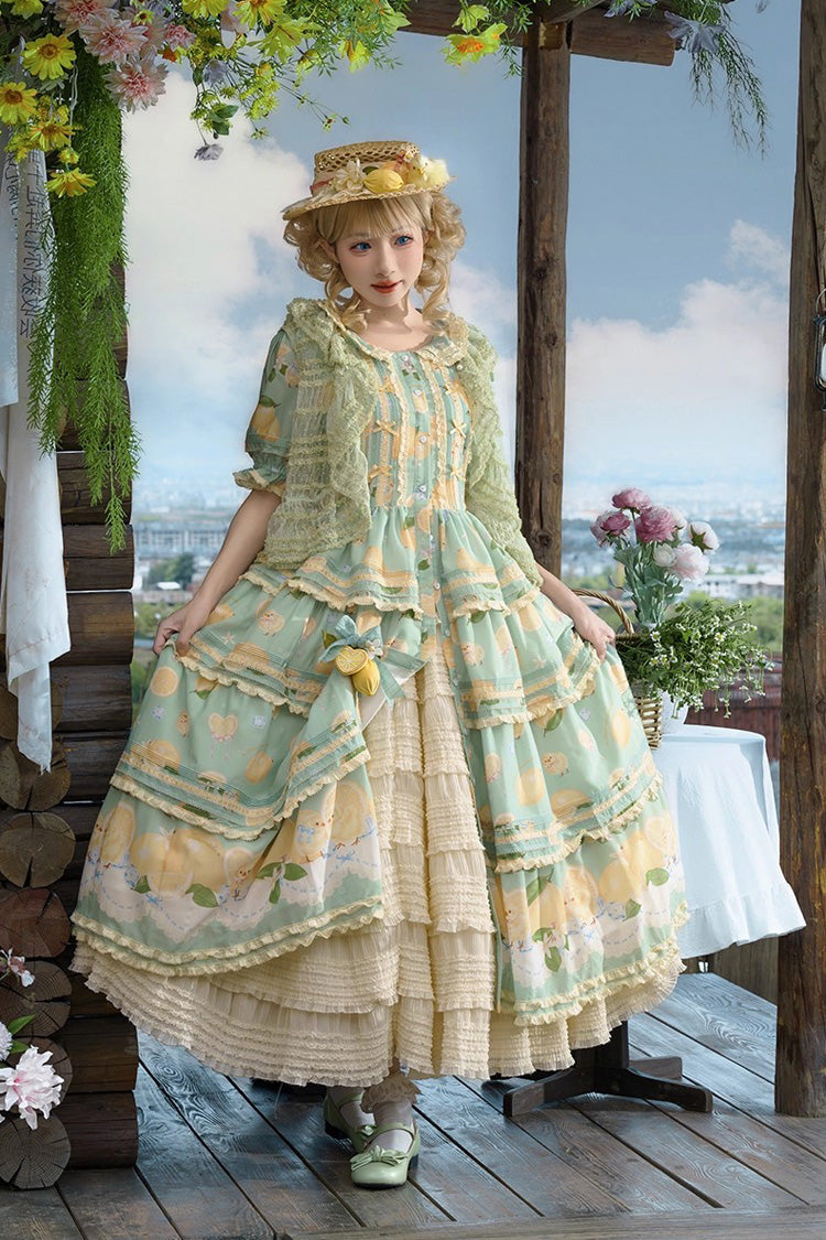 Green [Lemon Chicken] Short Sleeves Triple-Layered Print Ruffle Bowknot Lace Sweet Gorgeous Lolita Dress - Product - 6