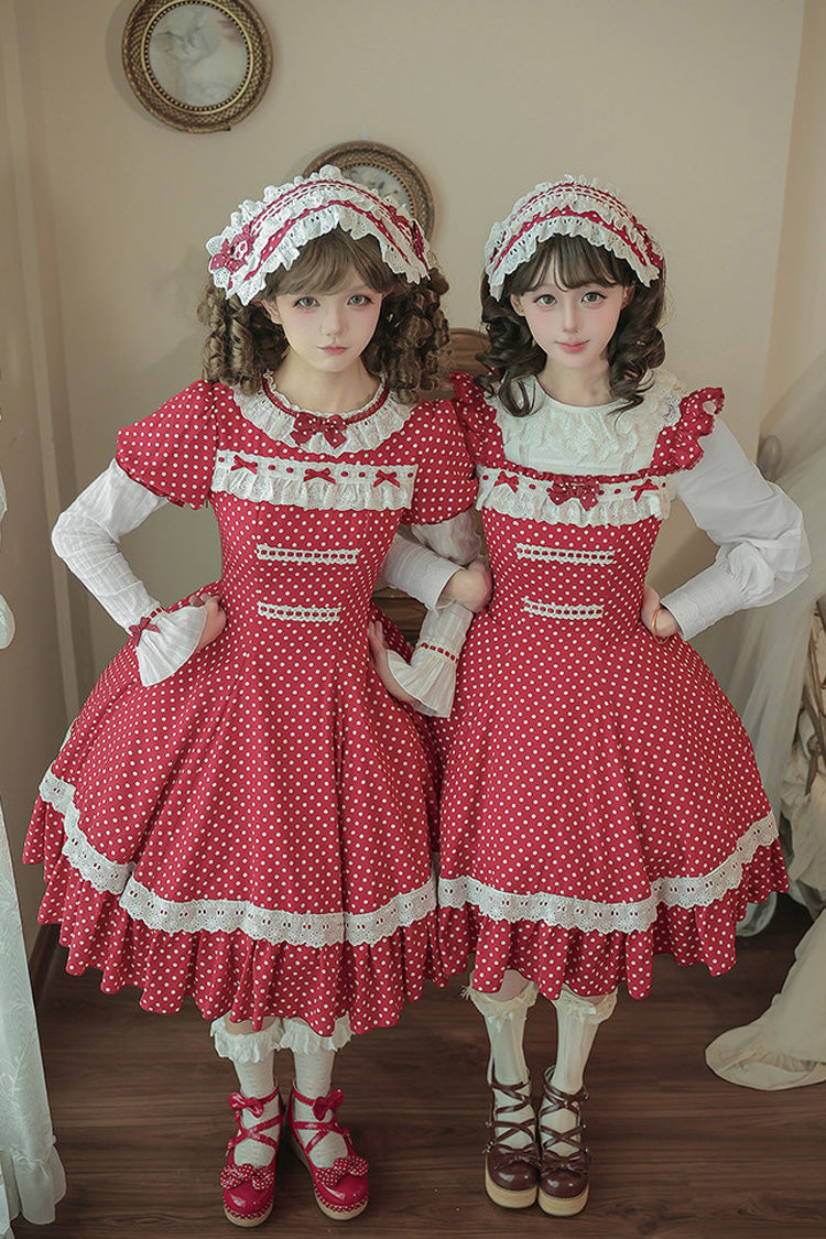 Red [Showa Memoir] Polka Dots Printed Ruffled Bow Sweet Lolita Dress - Product - 6