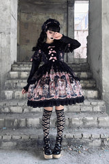 Black [The Case of the Missing Lamb] Print Long Sleeves Ruffle Bowknot Lace Gothic Lolita Dress - Product - 9