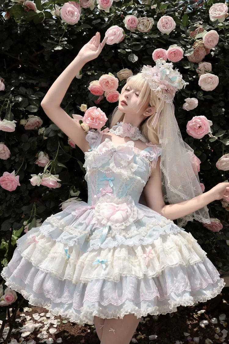 Bkue/Pink [Cloudwhale Dreamweaver] Square Collar Multi-Layered Ruffled Bow Lace Sweet Lolita Jsk Dress - Product - 6