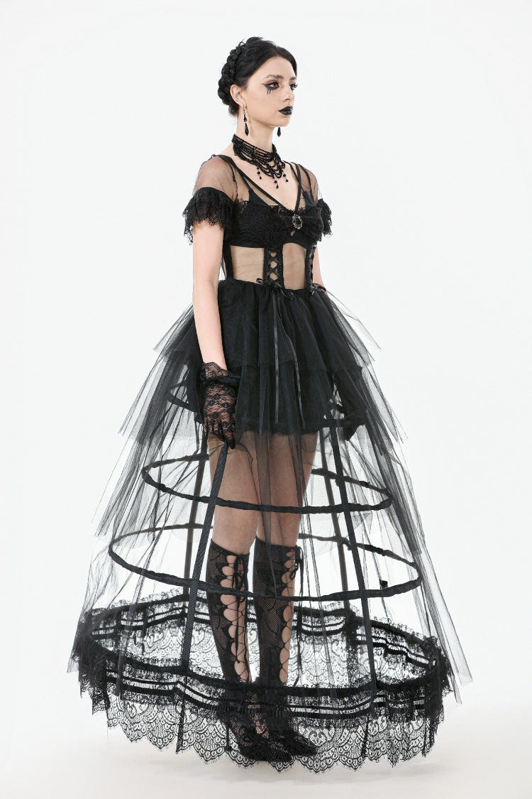 Black V Collar Short Sleeves Multi-Layered Sheer Mesh Women's Gothic Dress - Product - 10