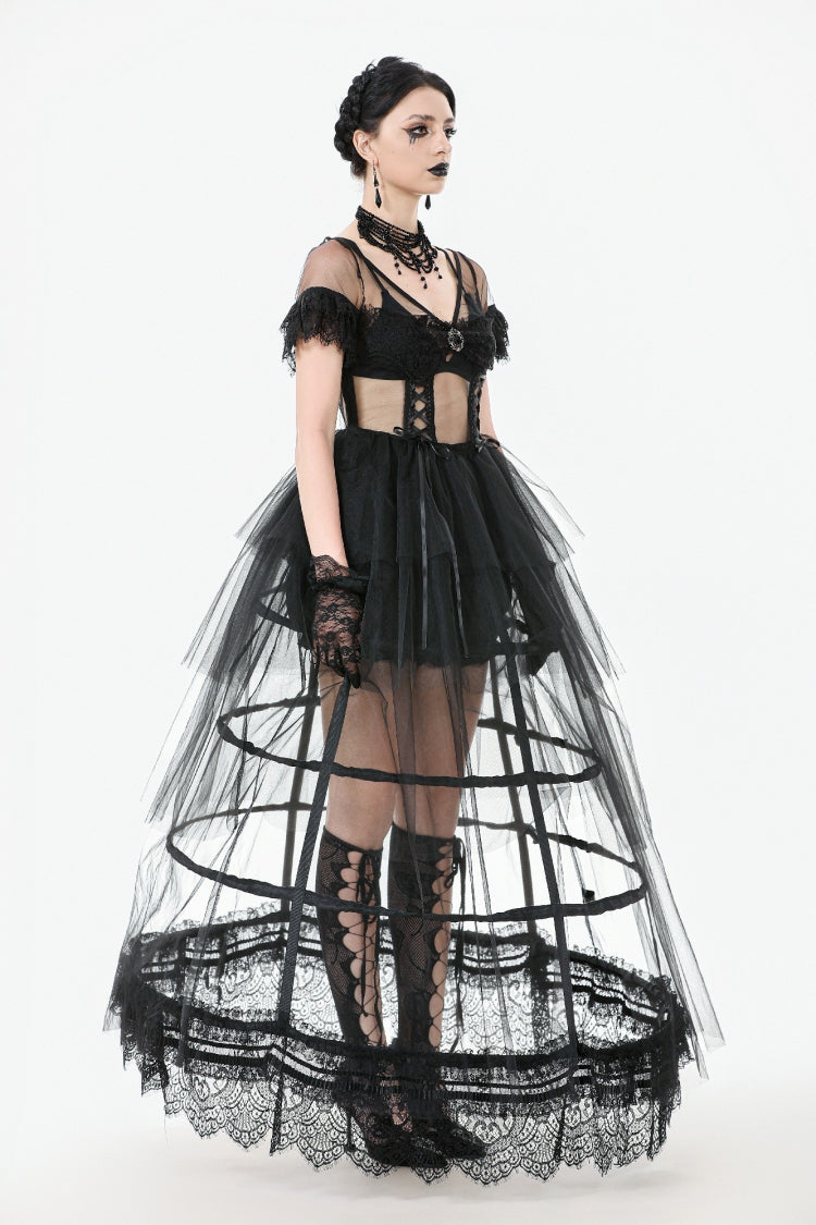 Black V Collar Short Sleeves Multi-Layered Sheer Mesh Women's Gothic Dress - Product - 10