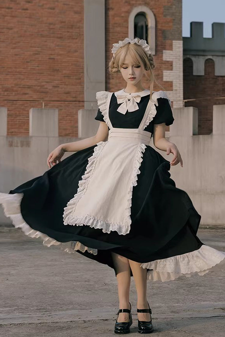 Black/White Round Collar Short Sleeves Ruffled Bow Sweet Elegant Lolita Maid Dress 2 Versions - Product - 11