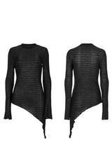 Black Gothic Velvet Striped Light Flared Sleeve Asymmetric Hem Sexy Long Sleeve Women's T-Shirt - Product - 5