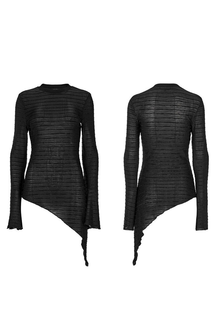 Black Gothic Velvet Striped Light Flared Sleeve Asymmetric Hem Sexy Long Sleeve Women's T-Shirt - Product - 5