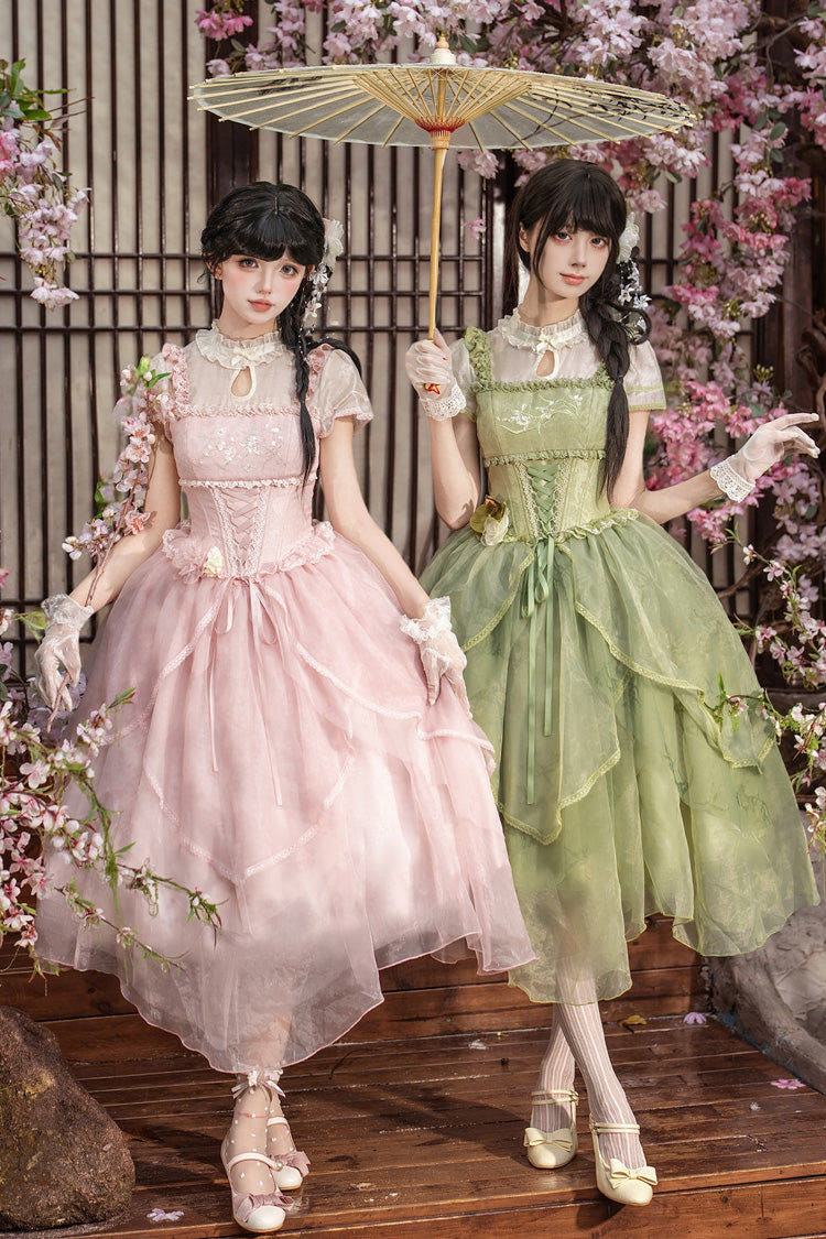 [Fragrance] Stand Collar Short Sleeves Multi-Layered Printed Ruffled Bow Lace Irregular Chinese Style Sweet Lolita Dress 2 Colors (Green, Pink) - Pink - 1