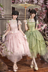 [Fragrance] Stand Collar Short Sleeves Multi-Layered Printed Ruffled Bow Lace Irregular Chinese Style Sweet Lolita Dress 2 Colors (Green, Pink) - Pink - 1