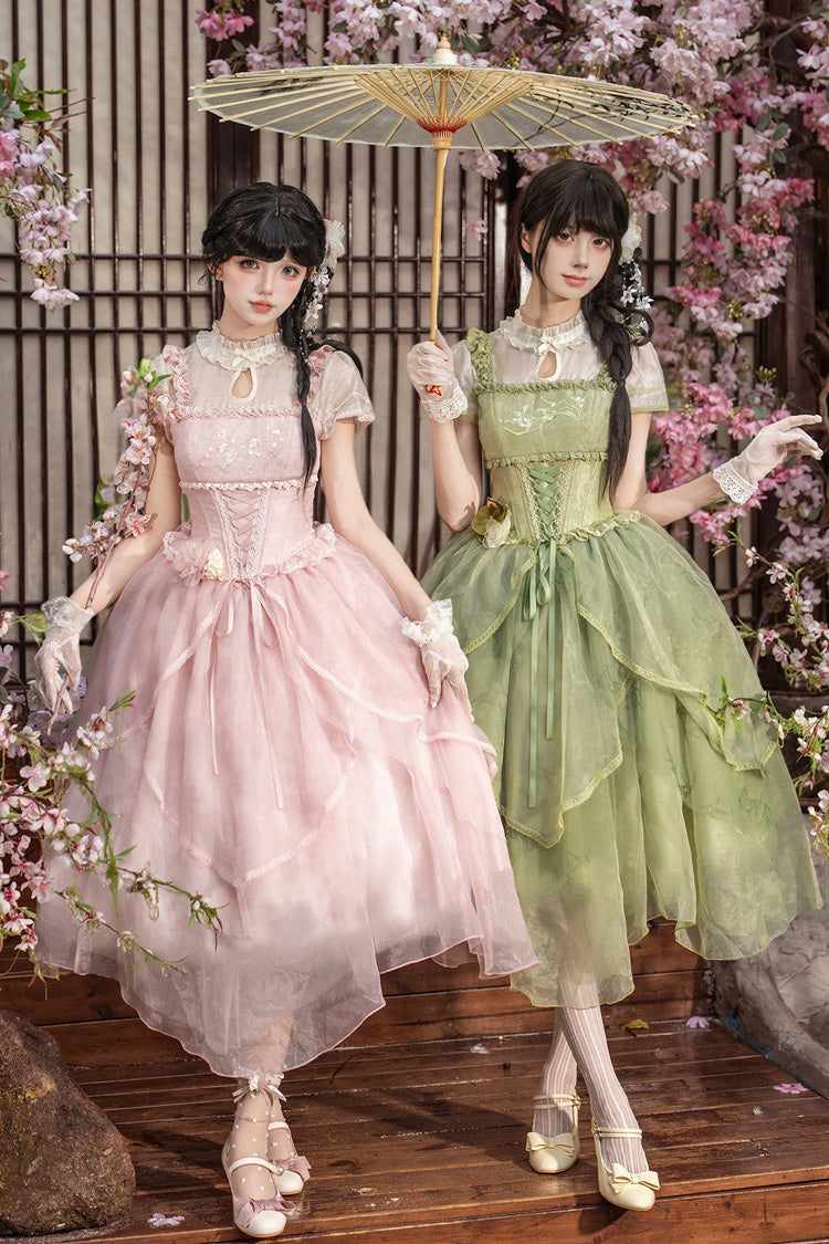 [Fragrance] Stand Collar Short Sleeves Multi-Layered Printed Ruffled Bow Lace Irregular Chinese Style Sweet Lolita Dress 2 Colors (Green, Pink) - Pink - 1