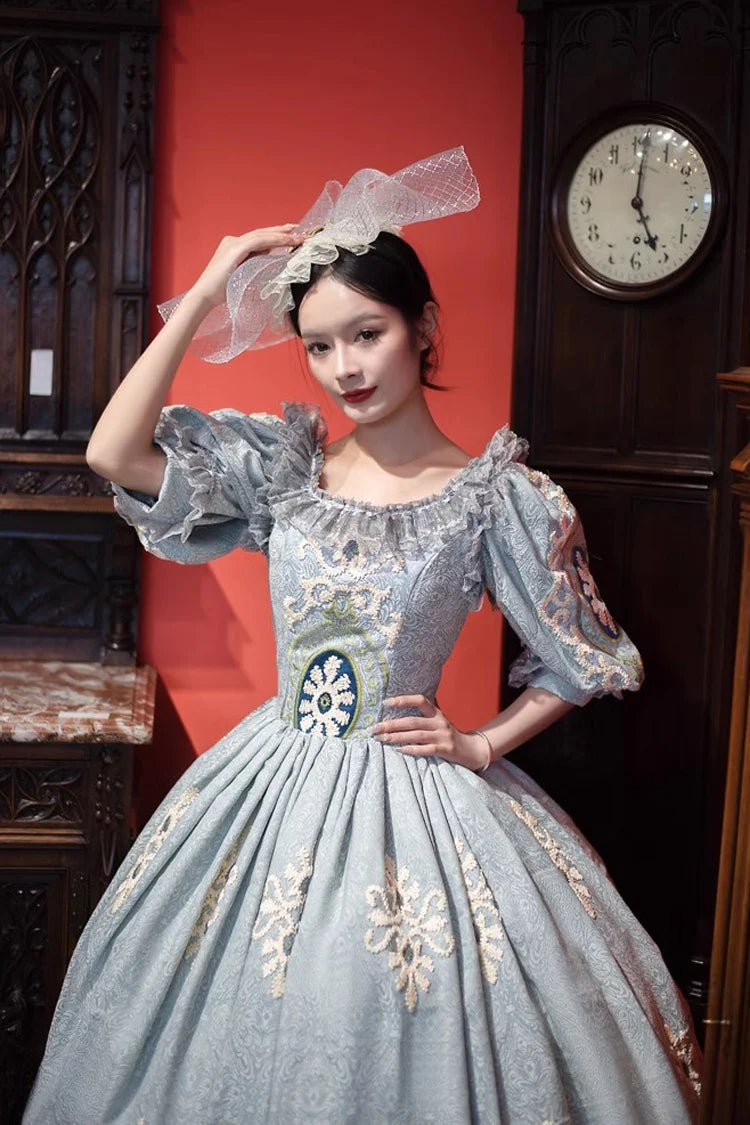 Blue Medieval Court Print Embroidery Vintage Princess Lolita Victorian Dress - Product - 3