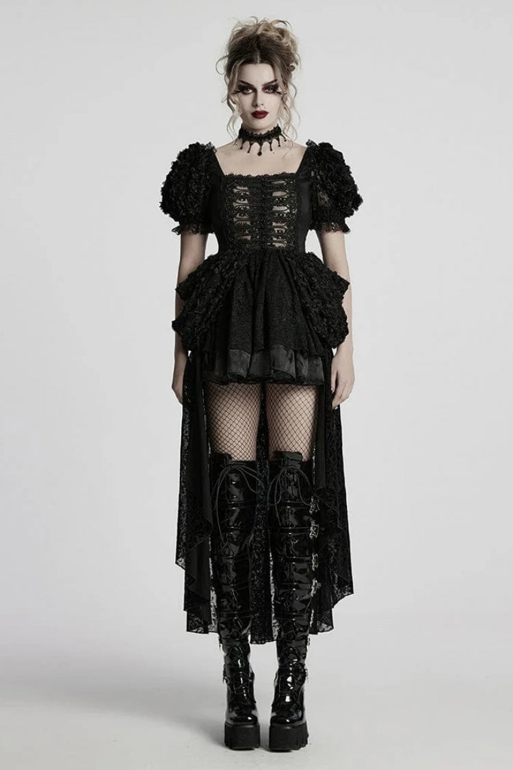 Black Square Collar Short Puff Sleeves Multi-Layered Women's Gothic Lolita High/Low Prom Dress - Black - 1