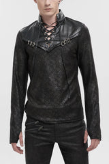 Black Stand Collar Long Sleeves Faux Leather Splice Men's Gothic Shirt - Black - 1