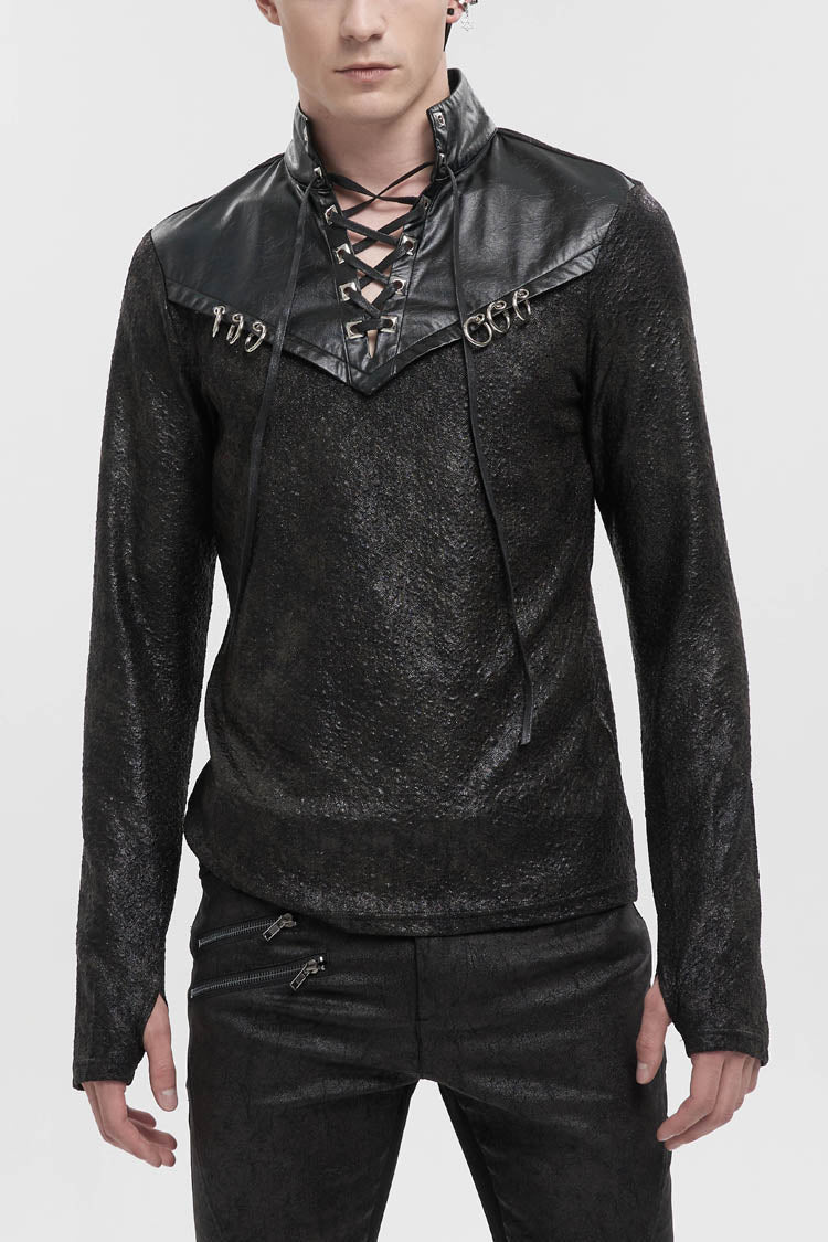 Black Stand Collar Long Sleeves Faux Leather Splice Men's Gothic Shirt - Black - 1