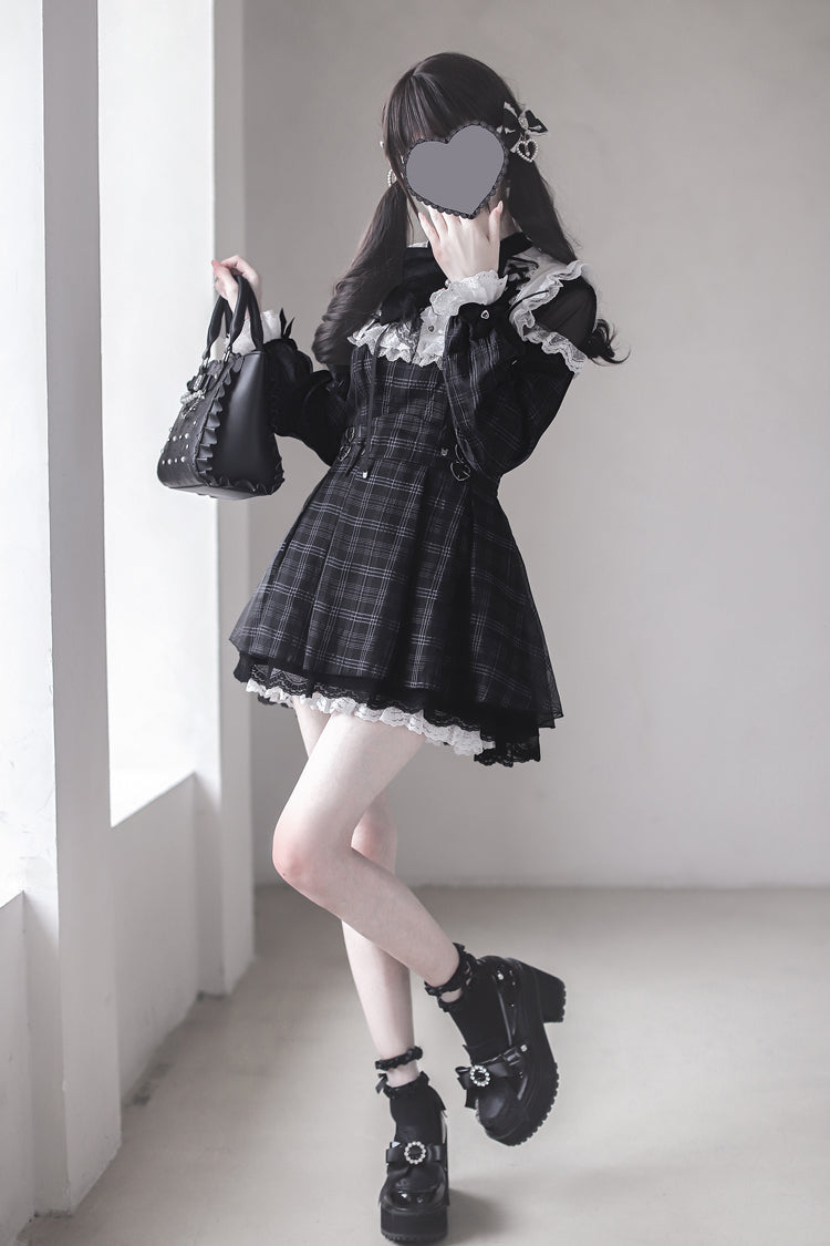 Black [Angel Heartbeat] Long Sleeves Plaid Print Ruffle Bowknot Lace Sweet Jirai Kei Japanese Dress - Product - 4