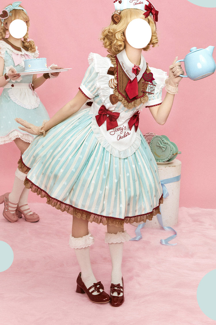 Green [Jenny's Chocolate] Short Sleeves Vertical Stripes Print Ruffle Bowknot Sweet Lolita Dress - Product - 14