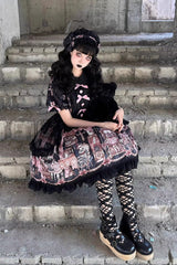 Black [The Case of the Missing Lamb] Print Long Sleeves Ruffle Bowknot Lace Gothic Lolita Dress - Product - 7