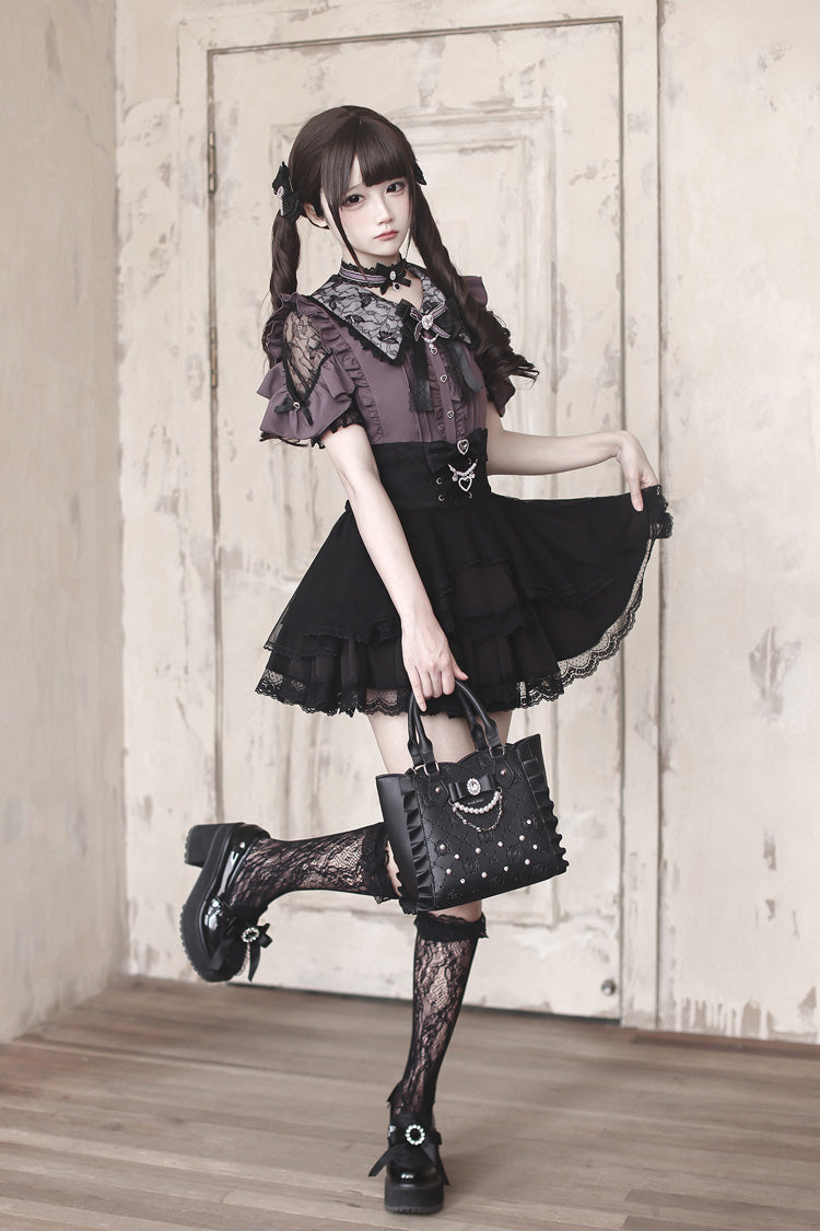 Purple [Dreamy Love Ballad] Lapel Collar Short Sleeves Double-Layered Ruffled Cut-Out Bow Gothic Japanese Jirai Kei Skirt Set - Purple(Set) - 1