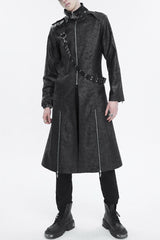 Black Stand Collar With Strap Split At The Hem Long Men's Gothic Coat - Black - 1
