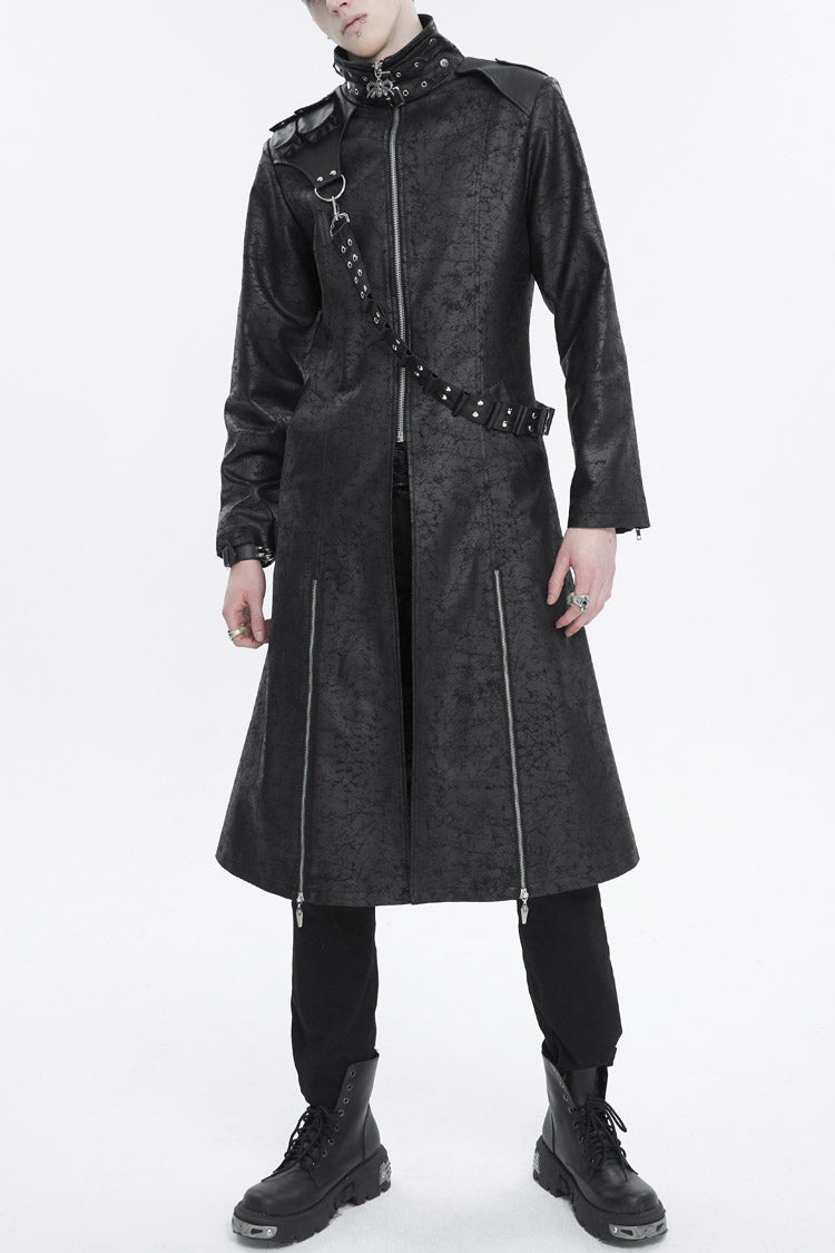 Black Stand Collar With Strap Split At The Hem Long Men's Gothic Coat - Black - 1