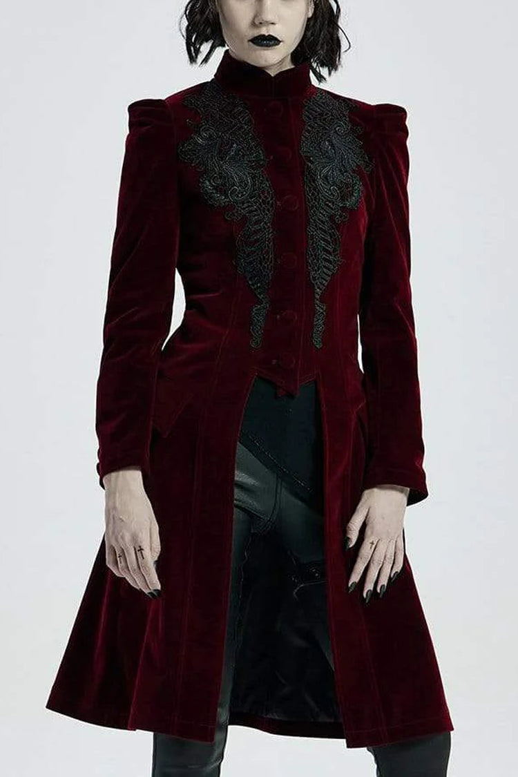 Victorian Stand Collar Long Sleeves Floral Womens Gothic Coat 2 Colors - Red - 5