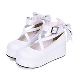 Round-toe Shallow Mouth Bowknot Cute Lolita Middle Heels Shoes - White - 2