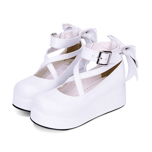 Round-toe Shallow Mouth Bowknot Cute Lolita Middle Heels Shoes - White - 2