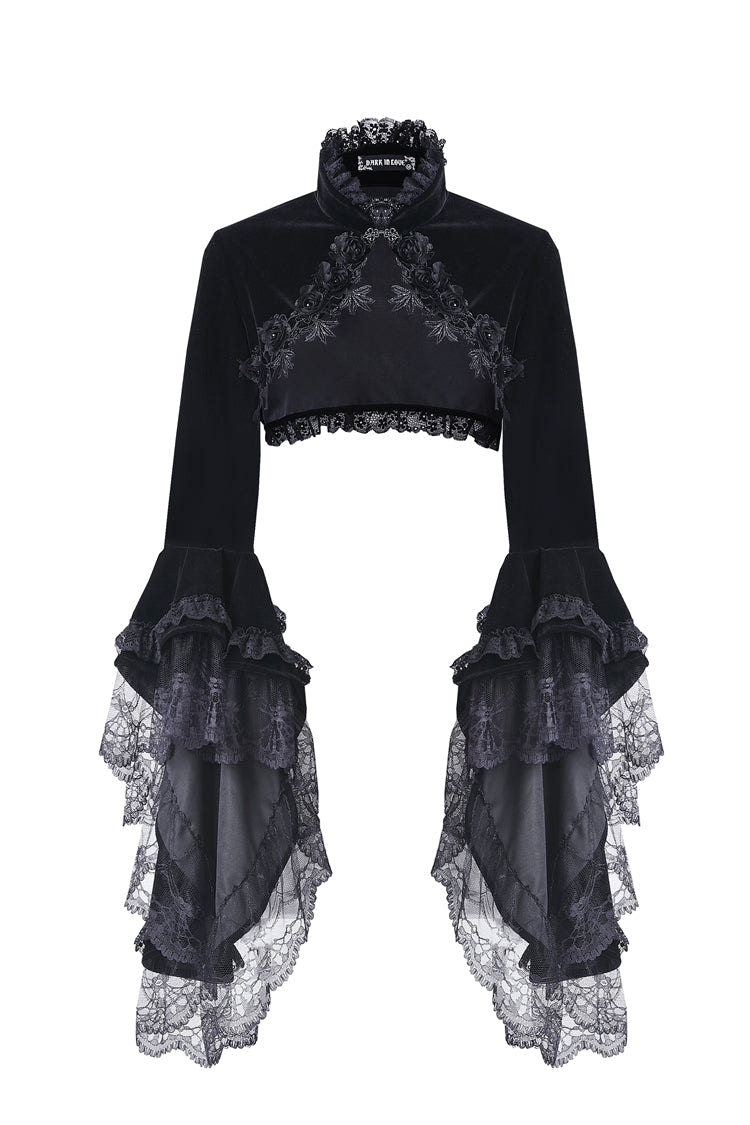 Black Lace Stand Collar Multi-Layered Long Trumpet Sleeves Rosette Velour Women's Gothic Bolero - Product - 3