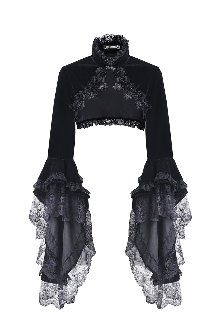 Black Lace Stand Collar Multi-Layered Long Trumpet Sleeves Rosette Velour Women's Gothic Bolero - Product - 3