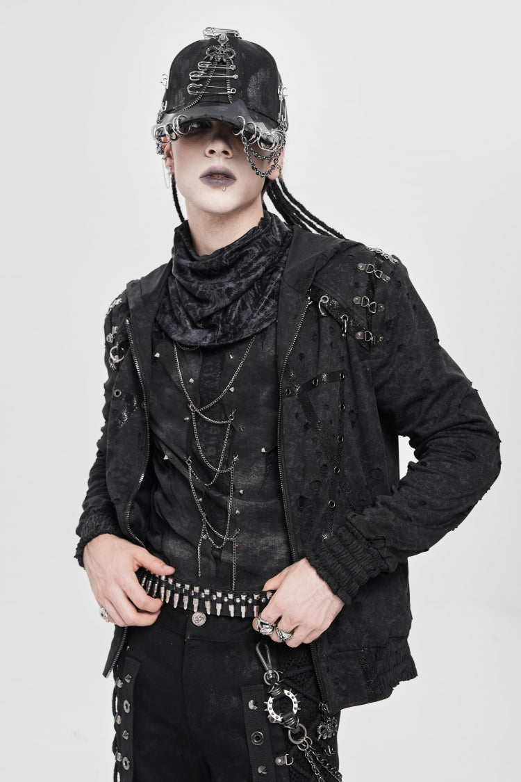 Black Long Sleeves Hexagram Print Hooded Ripped Pleated Men's Punk Coat - Product - 7