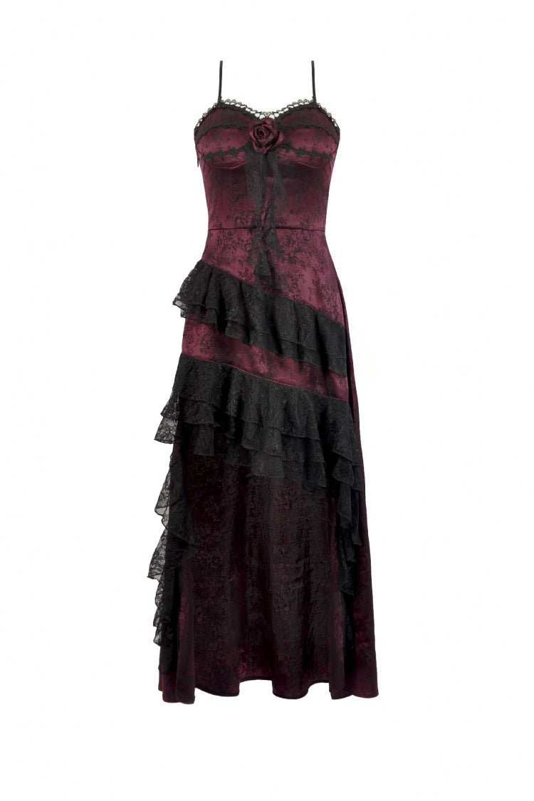 Black/Red Rose Irregular Multi-Layered Lace Ruffled Women's Gothic Slip Dress Wedding Dress - Product - 3