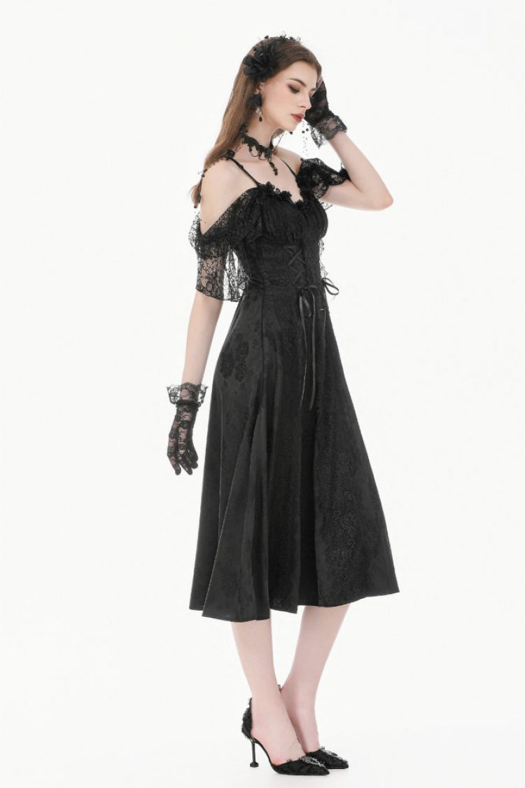 Black Off Shoulder Lace Flutter Sleeves Jacquard Side Corset Lace-Up Women's Gothic Slip Dress - Product - 2