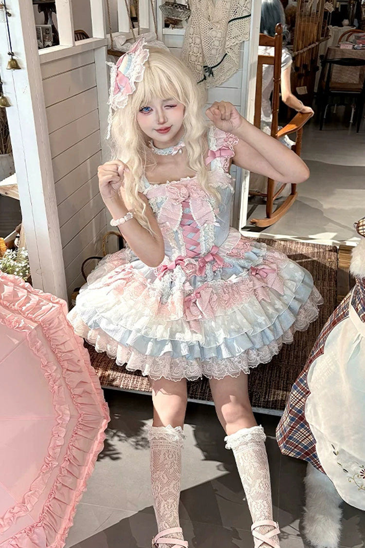 Blue/Pink [Honey Sweet Tart] Square Collar Sleeveless Multi-Layered Jacquard Ruffled Bow Lace Lace-Up Lolita Jsk Dress - Product - 9