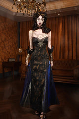 Black Gilded European Style V Collar Sleeveless Print Ruffle Lace Slim Gothic Lolita Jsk Dress - Black - 1