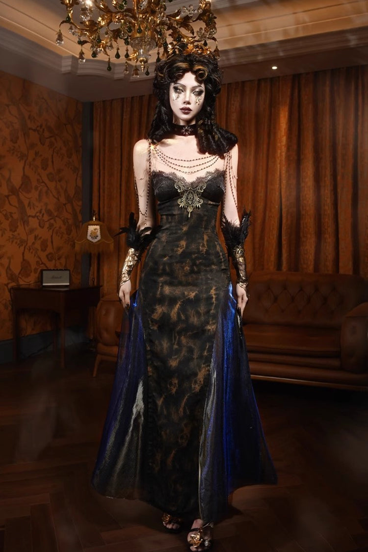 Black Gilded European Style V Collar Sleeveless Print Ruffle Lace Slim Gothic Lolita Jsk Dress - Black - 1
