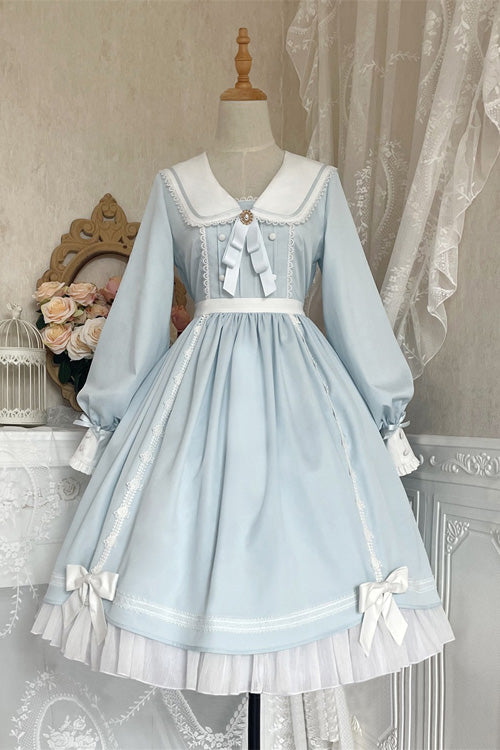Blue Doll Collar Bowknot Long Sleeves High Waisted Ruffled Sweet Lolita OP Dress - Product - 2