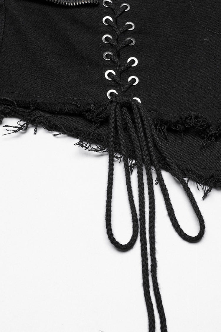 Black Lace-Up Women's Punk Denim Shorts with Detachable Pocket - Product - 8