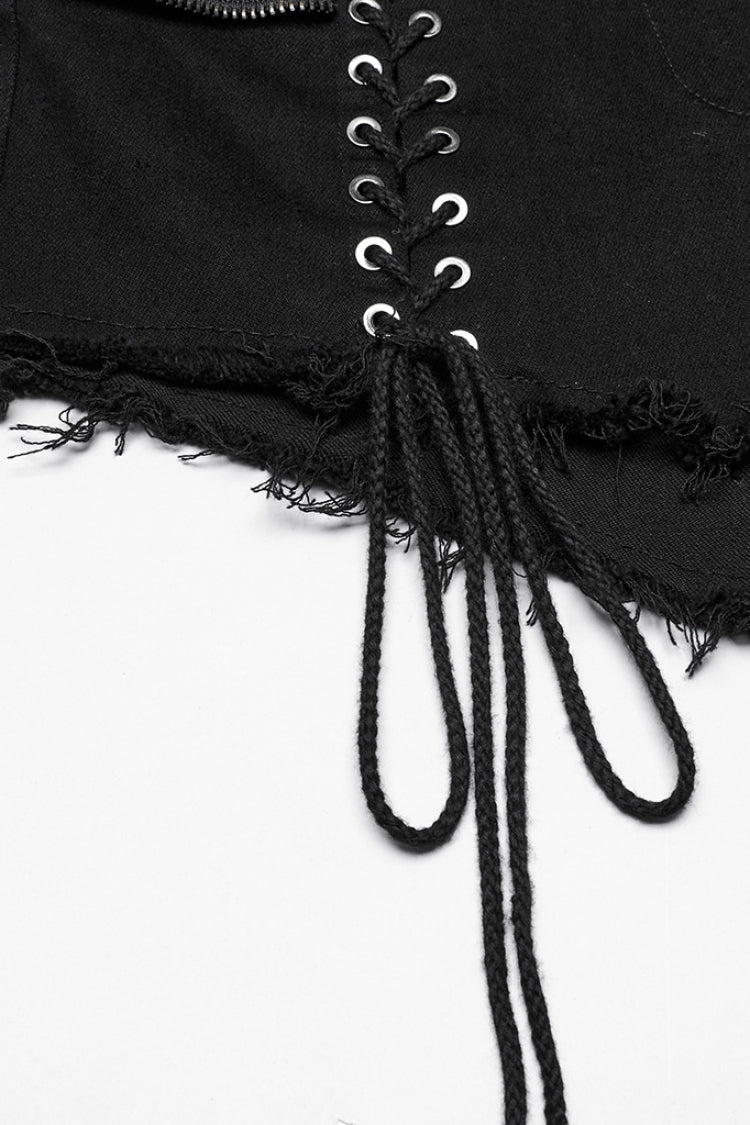 Black Lace-Up Women's Punk Denim Shorts with Detachable Pocket - Product - 8