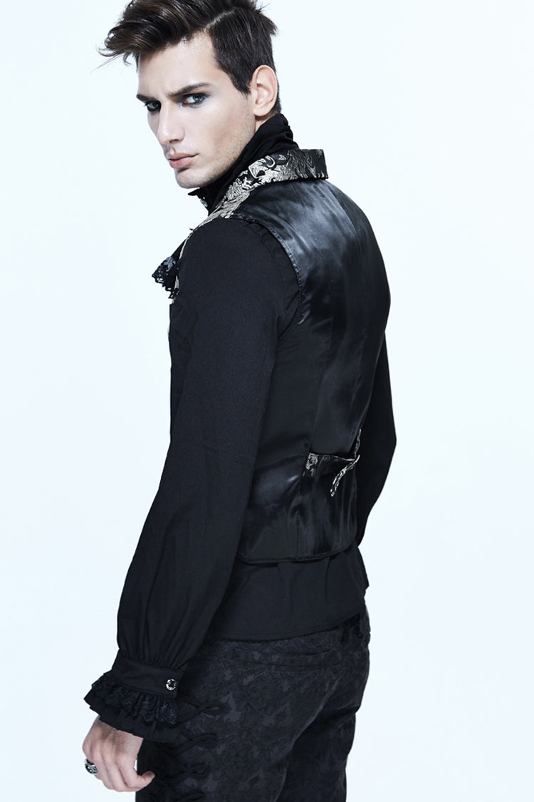 Black/Silver Jacquard Printed Button Men's Gothic Vest - Product - 6