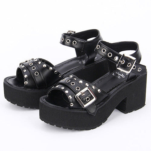 Rivet Decoration Platform High Heel Lolita Sandals - Black - 1