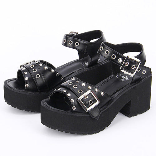 Rivet Decoration Platform High Heel Lolita Sandals - Black - 1