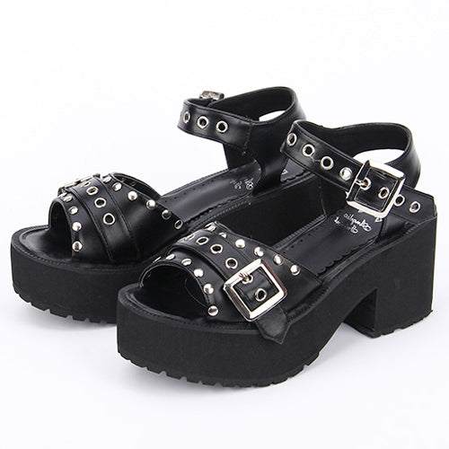 Rivet Decoration Platform High Heel Lolita Sandals - Black - 1