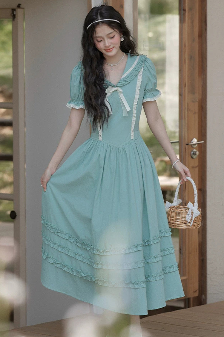 Lake Blue V Collar Short Puff Sleeves Ruffled Lace Sweet College Style Lolita Dress - Product - 12