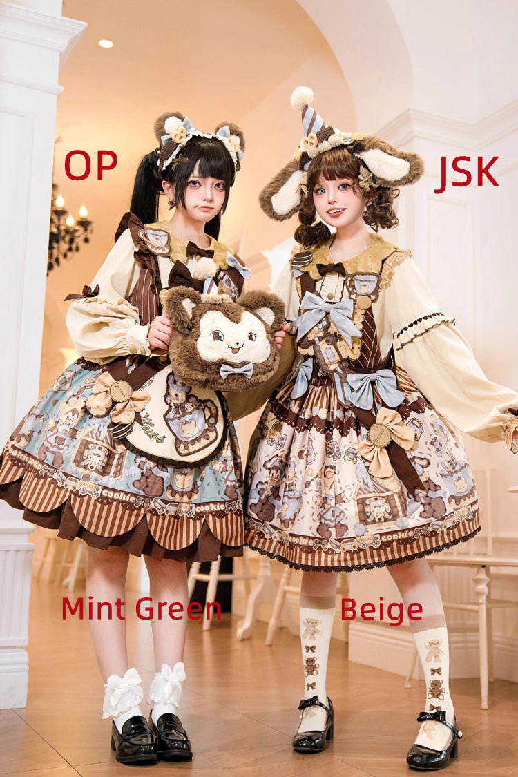[Bear Cookie] Long Sleeves Print Bowknot Sweet Lolita Dress Set 2 Colors - Product - 3