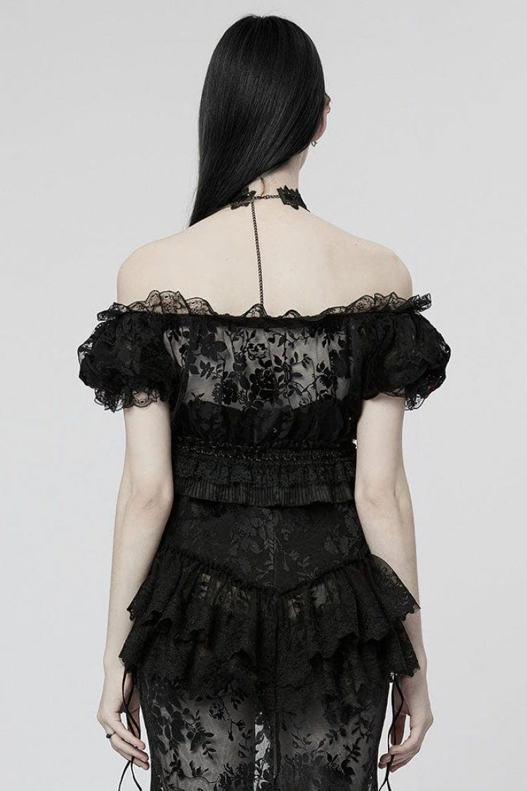オフショルダー フリル 切り替え レース Sheer レディース ゴシック T-シャツ 2色 商品画像