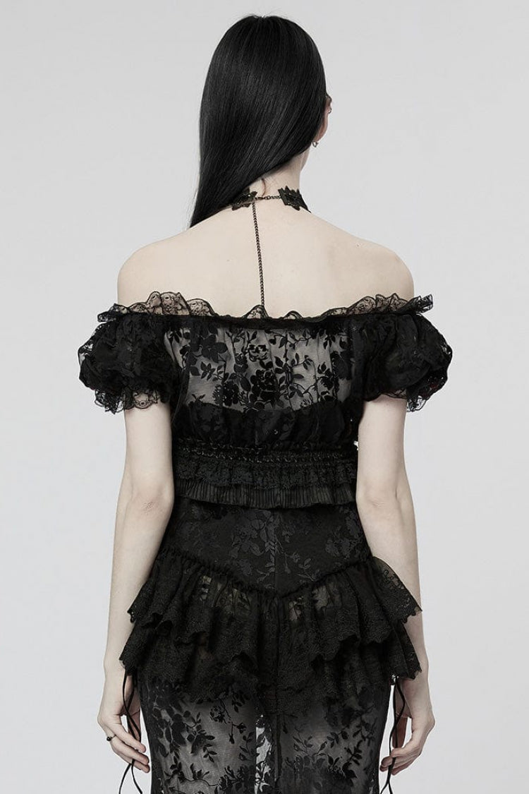 Off Shoulder Ruffle Stitching Lace Sheer Womens Gothic T-Shirt 2 Colors - Product - 3