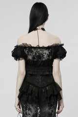 Off Shoulder Ruffle Stitching Lace Sheer Womens Gothic T-Shirt 2 Colors - Product - 3