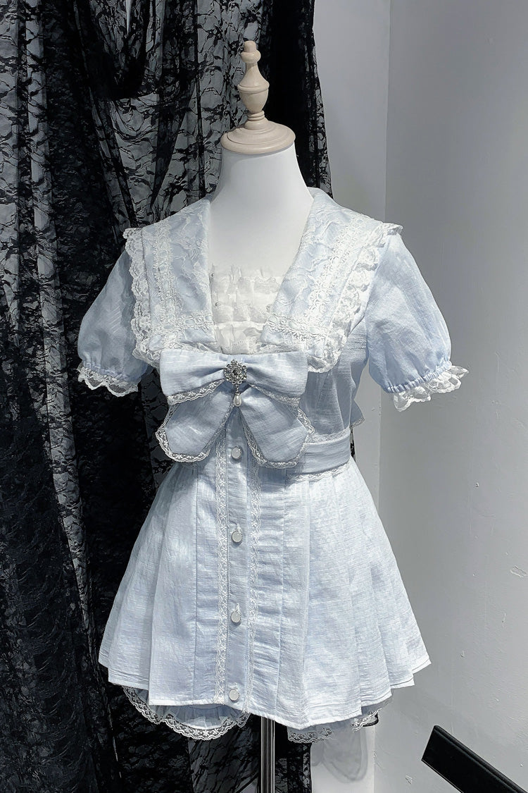 Aqua [Serenade] Short Sleeves Ruffle Bowknot Lace Sweet Jirai Kei Dress Set - Product - 3